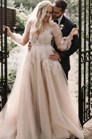 Vestido elegante para boda, corte A, encaje, largo hasta el suelo, cola, manga larga, con apliques / Vestido formal